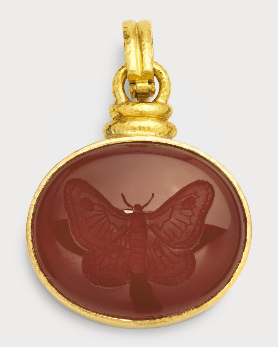 19K Yellow Gold Horizontal Oval Carnelian Moth Pendant